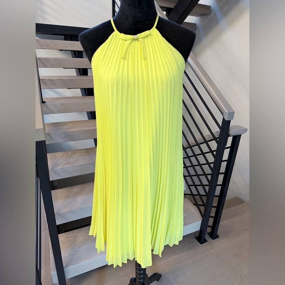 New Y2K Ted Baker Vibrant Neon Yellow Pleated Midi Dress size 0